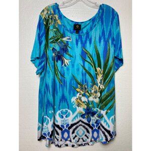 JM Collection Womens Floral Blue Short Sleeve Top Shirt Plus Size 2X Boho Casual